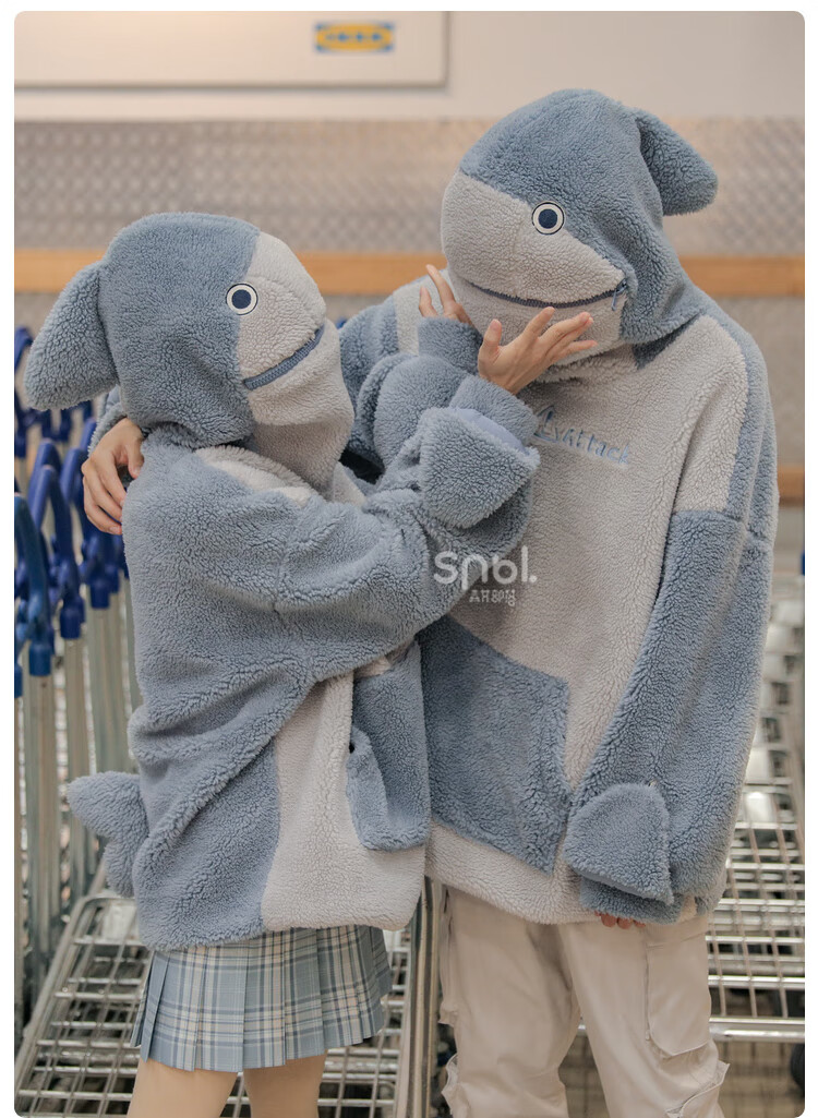 原创森女部落自闭鲨鱼设计感卫衣2021新款加绒长袖外套宽松灰蓝色开衫