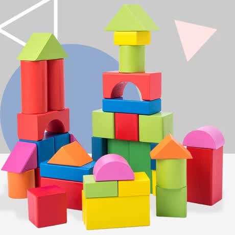 木制彩色实木积木拼装玩具早教男女儿童益智宝宝大块木质2-6岁 50粒