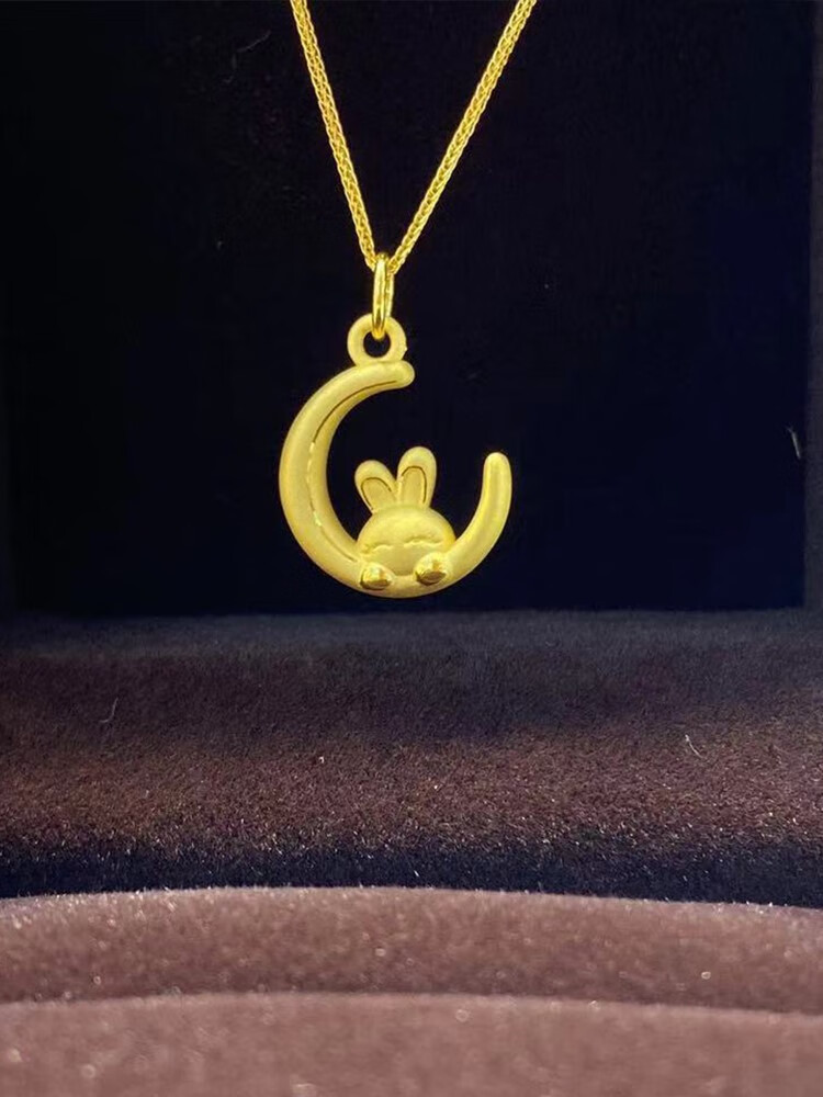 老凤凰月亮兔子黄金吊坠项链女999足金生肖兔金兔挂坠3d硬金本命年