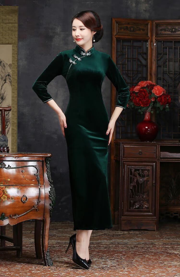 【潮牌女装】金丝绒旗袍女性感金丝绒旗袍高档旗袍加绒加厚保暖冬季