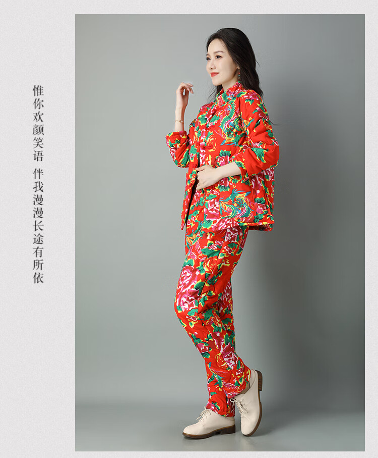 东北大花布衣服棉衣棉裤套装冬加厚盘扣民族风棉袄女冬季棉服外套红色