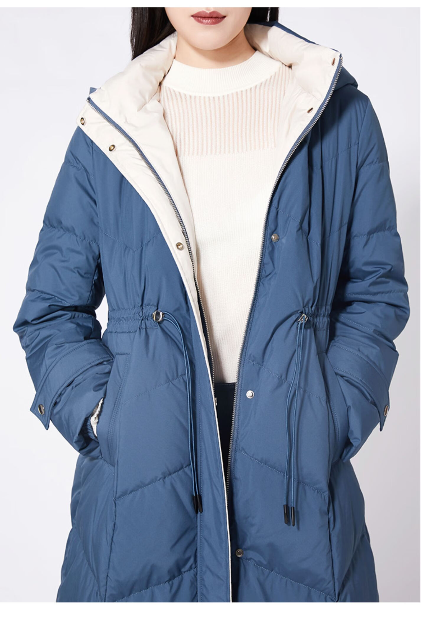 敦奴dunnu2021冬新款白鸭绒连帽收腰撞色中长款羽绒服女浅绿s