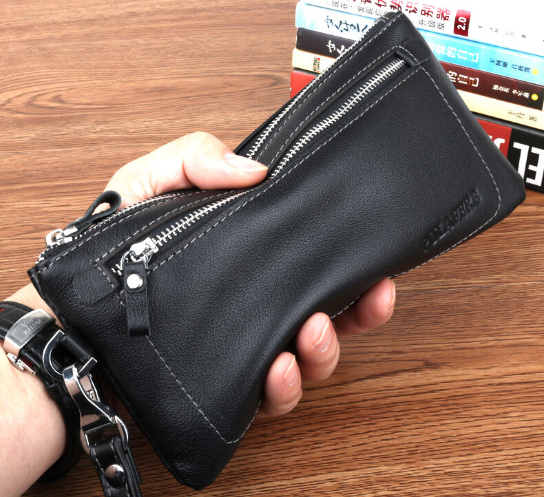 真皮小手包男软皮钱包男士长款拉链牛皮手机包大容量手拿包 黑色