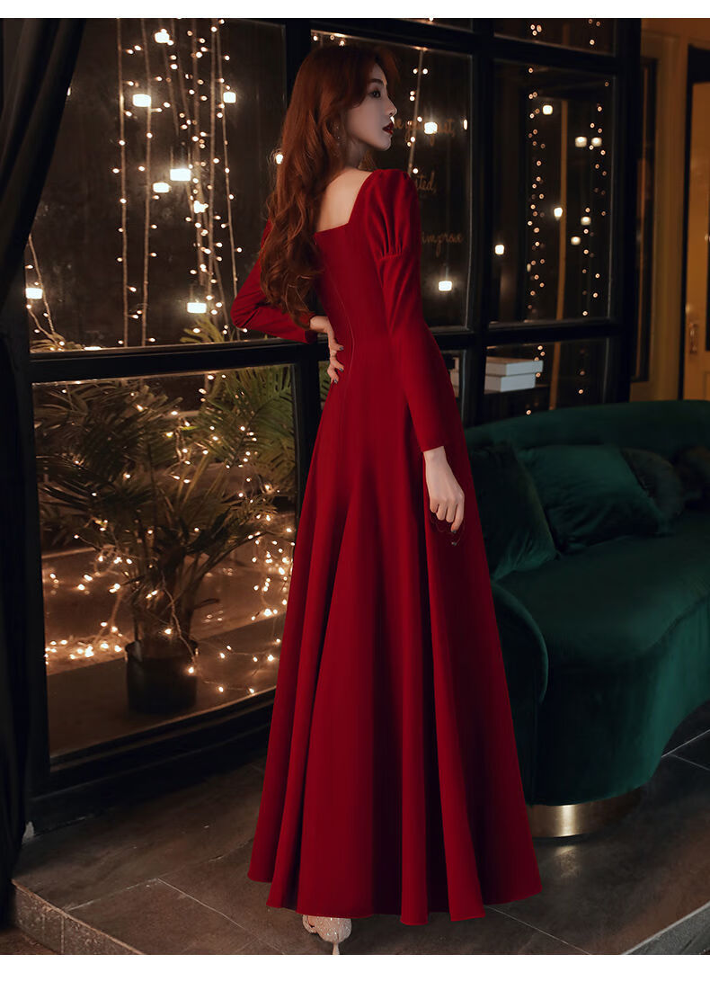 红色晚礼服女宴会长款高贵新款气质伴娘服新娘长袖秋冬红色裙长130cm