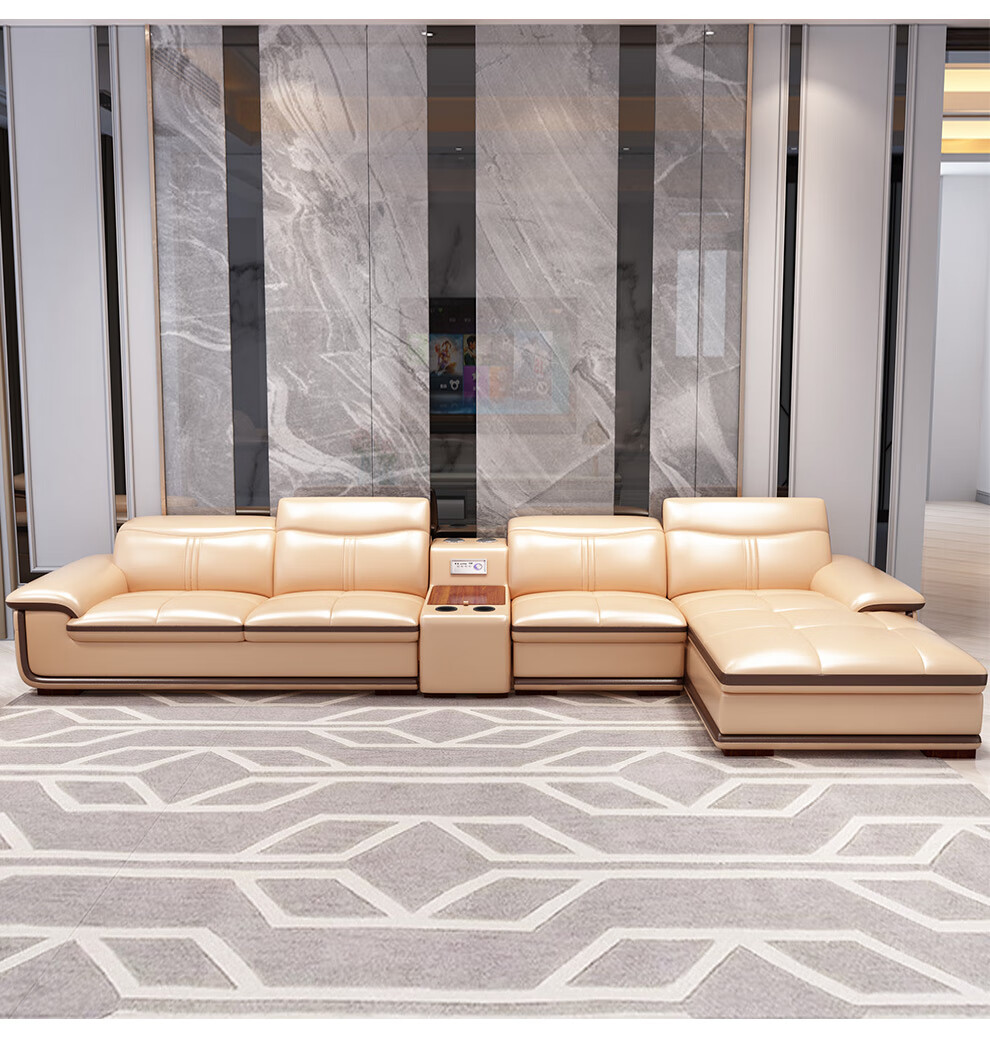 魅汇(meihui)现代沙发客厅真皮沙发组合小户型转角整装家具 米黄色 双