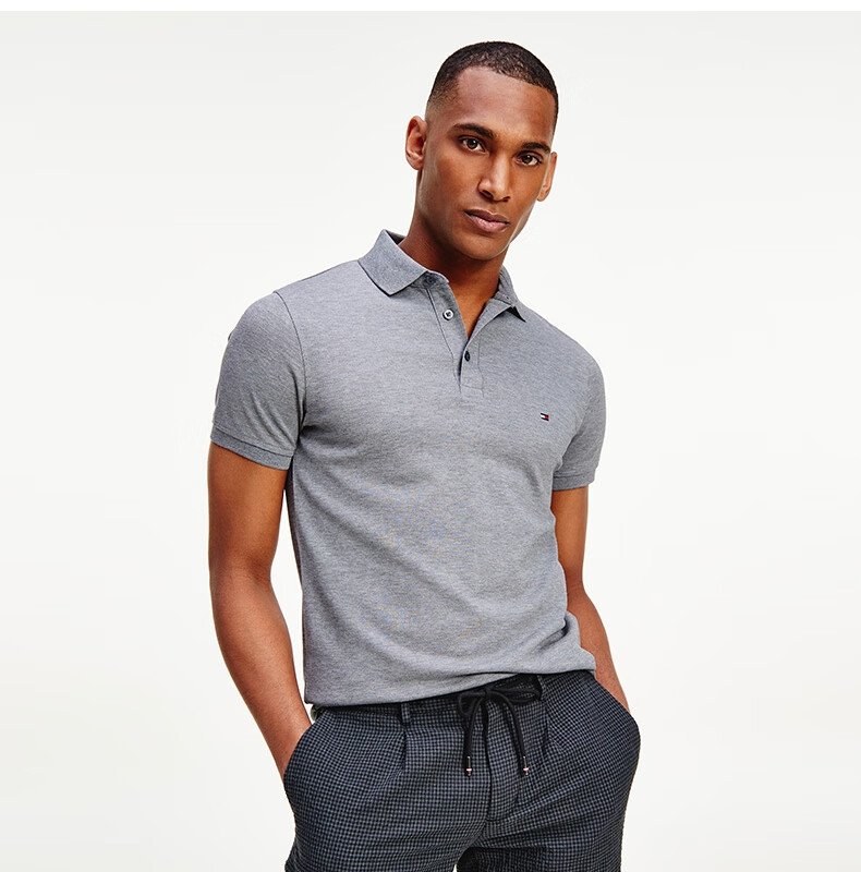 tommy男装休闲简约半开领刺绣旗标开叉修身短袖polo衫17771淡蓝色c3ql