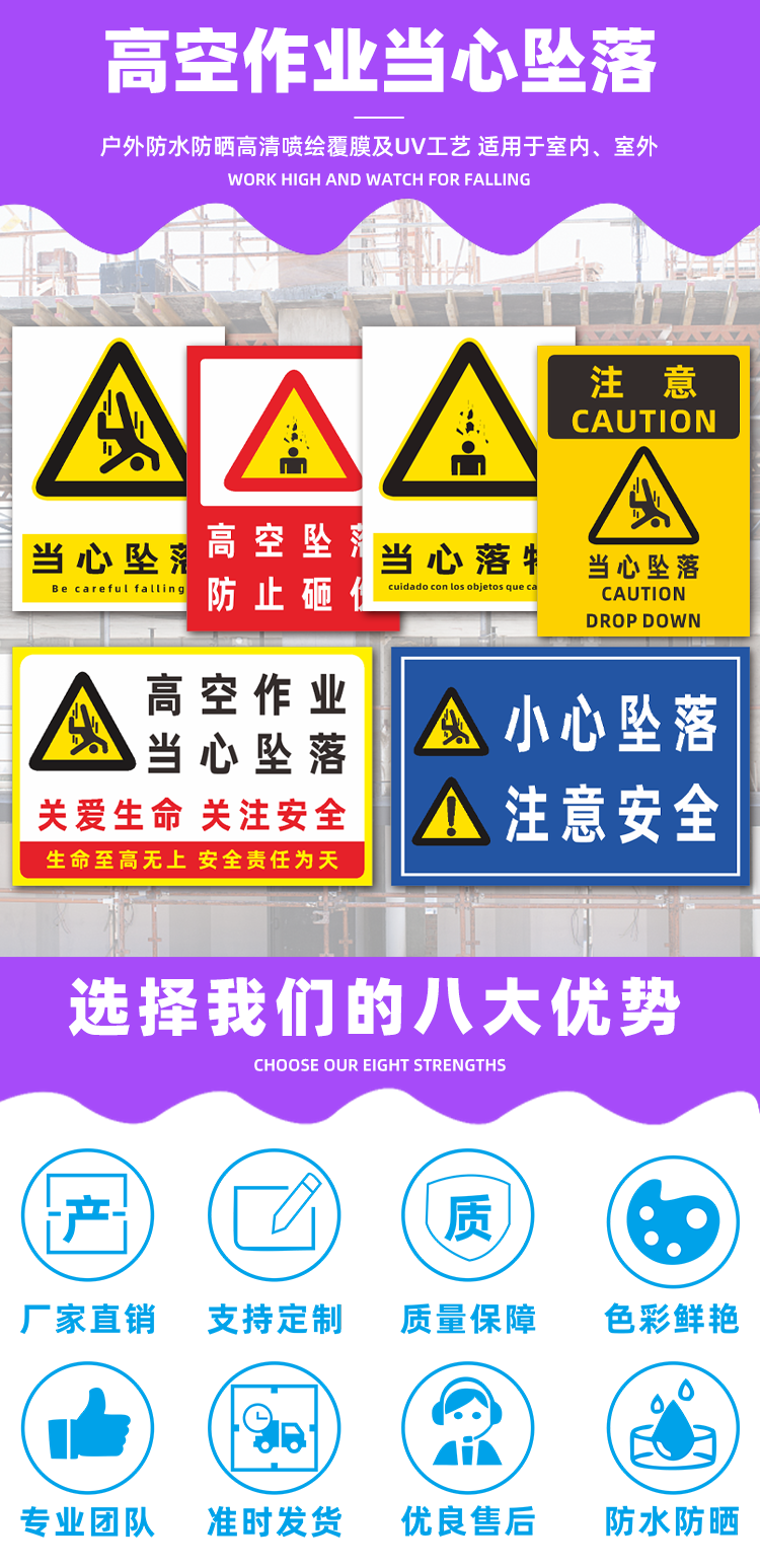 當心墜落警示牌建築工地高空作業當心落物標誌安全提示標識牌小心當心