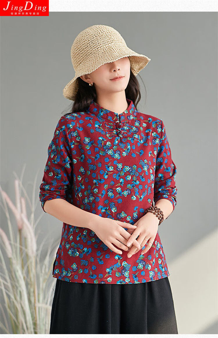 新款t恤衫女春季短款民族风棉麻大码文艺复古休闲中国风碎花上衣新品