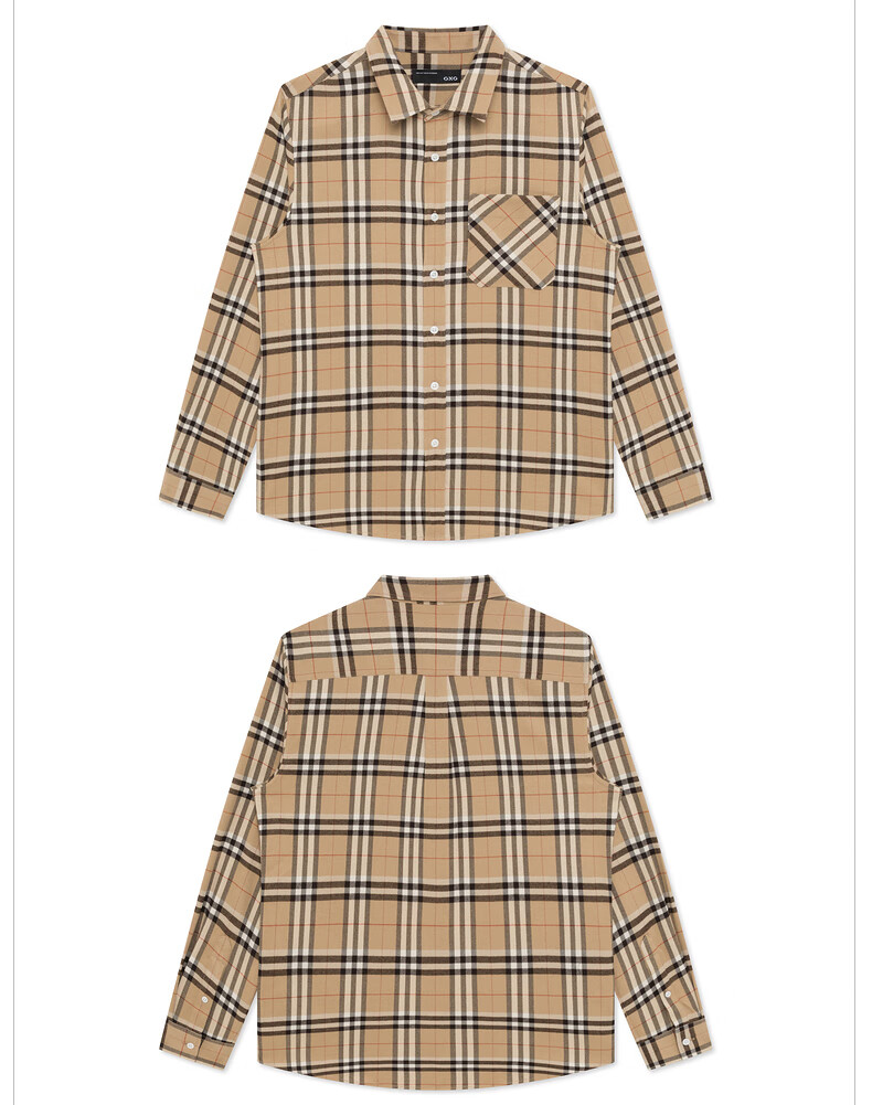 gxg男装冬季商场同款卡其经典格纹翻领长袖衬衫外套男衬衣 卡其色 165