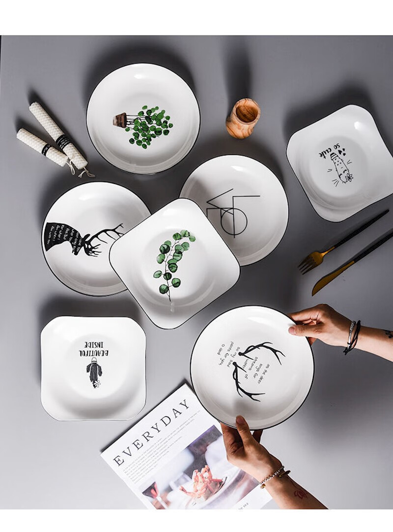 北欧碗碟套装吃饭碗盘子组合家用菜盘碟子鱼盘圆西餐鱼ins平饭盘 8寸