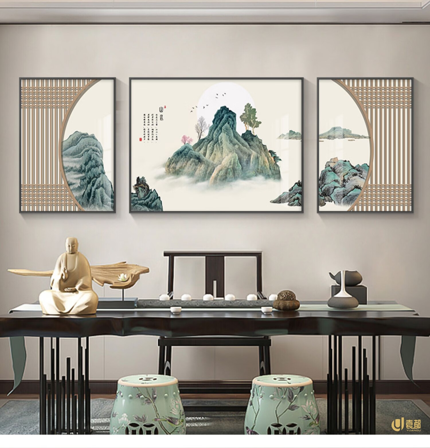 袁都新中式客厅装饰壁画沙发背景墙三联挂画茶室书房水墨山水画中国风