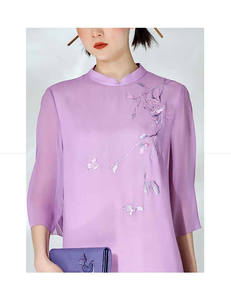 绣娘丝绸真丝连衣裙女士桑蚕丝连衣裙中式典雅气质款花逸 淡紫 165/l