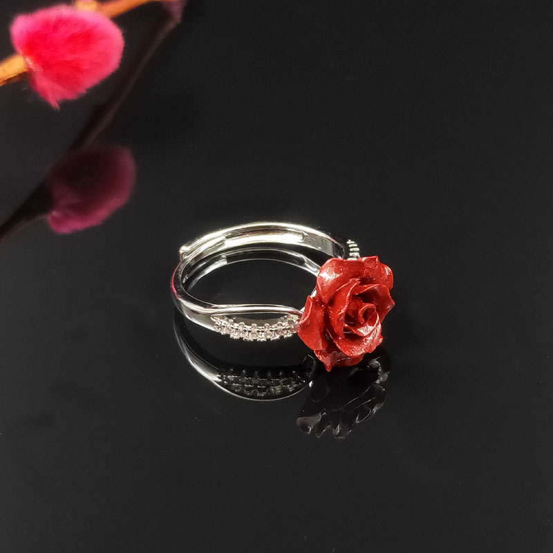 红玫瑰花朵戒指戴食指可调节铜镀金银开口高档指环 金色戒托【图片