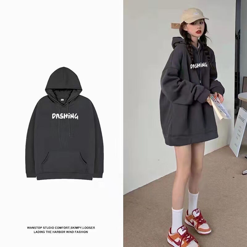 卫衣女冬季冬加绒加厚卫衣女宽松连帽百搭外套ins小众情侣上衣服浅