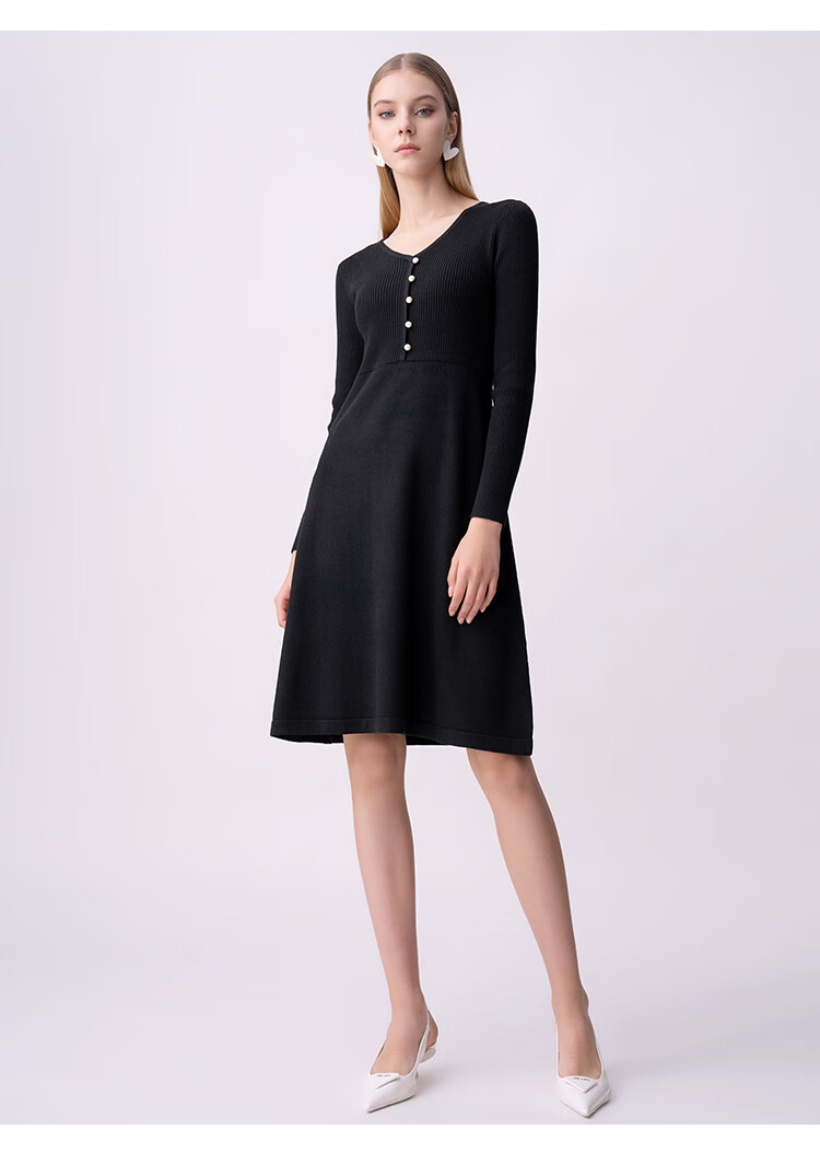hr赫莲娜女装2022春季新款简约气质百搭打底收腰针织长袖连衣裙女黑色
