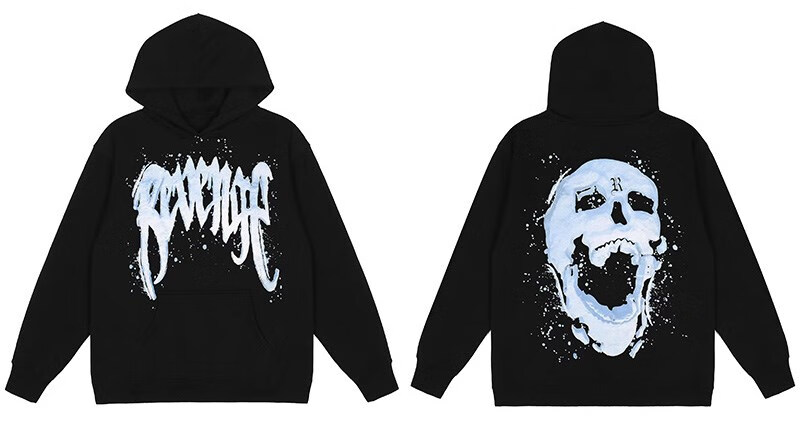 潮牌revenge卫衣龙骨烟雾情侣骷髅头美式男女宽松高街加绒连帽衫 黑白