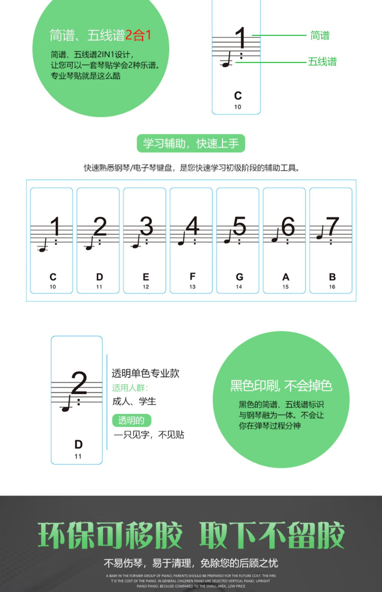 钢琴贴纸88键透明61/54电子琴按键盘音标贴音符五线简谱免粘初学 88