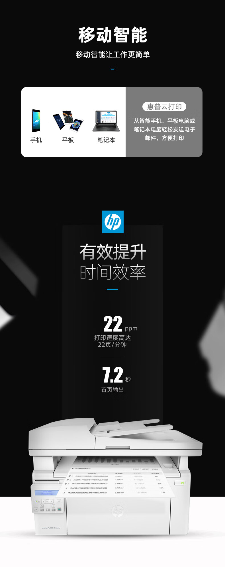 惠普hp惠普m132snw黑白激光多功能wifi网络打印机家庭商用a4一体机