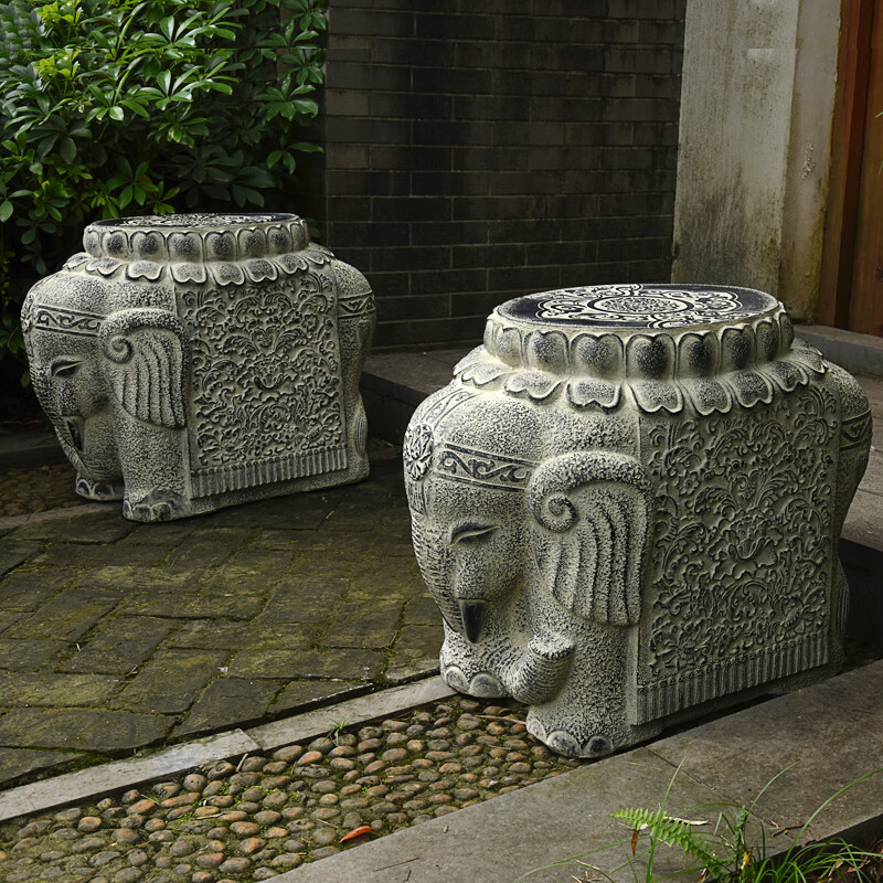 鹿凌青招财仿古中式别墅庭院摆件一对大象门墩抱鼓石家用大门口石墩