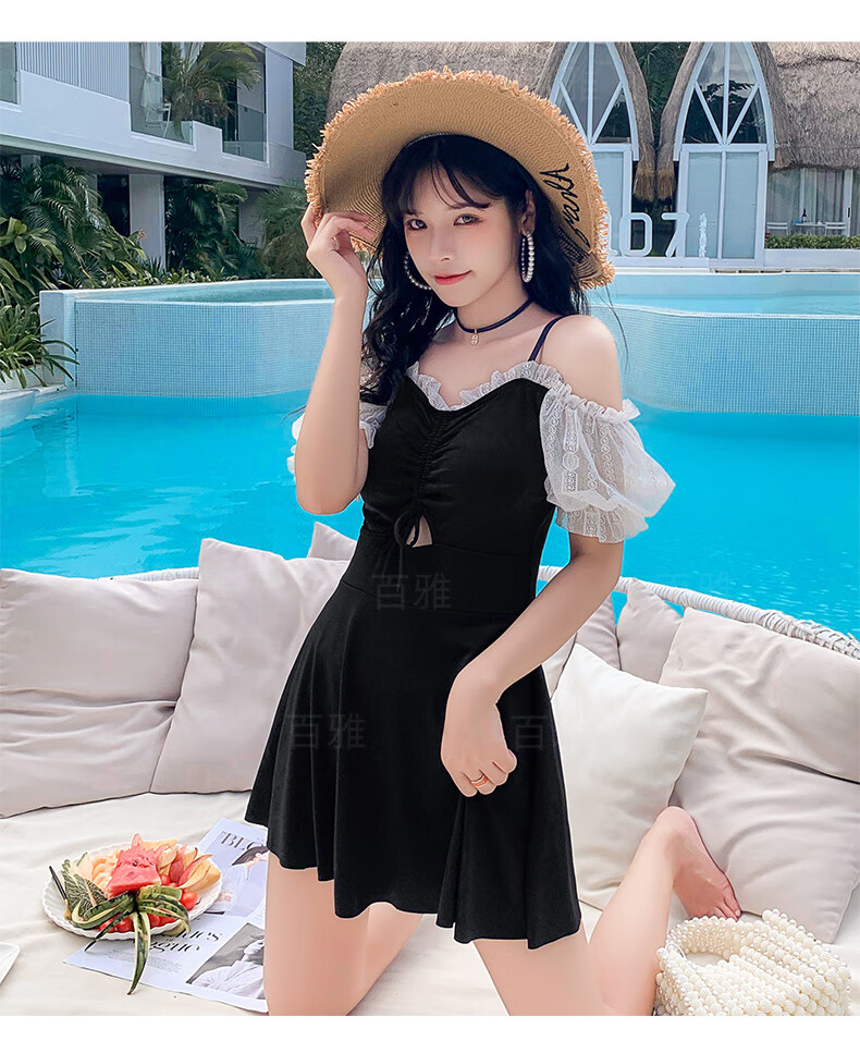 温泉泳衣女连体纯色平角裙式少女保守度假韩版ins游泳装遮肚显瘦 柠檬