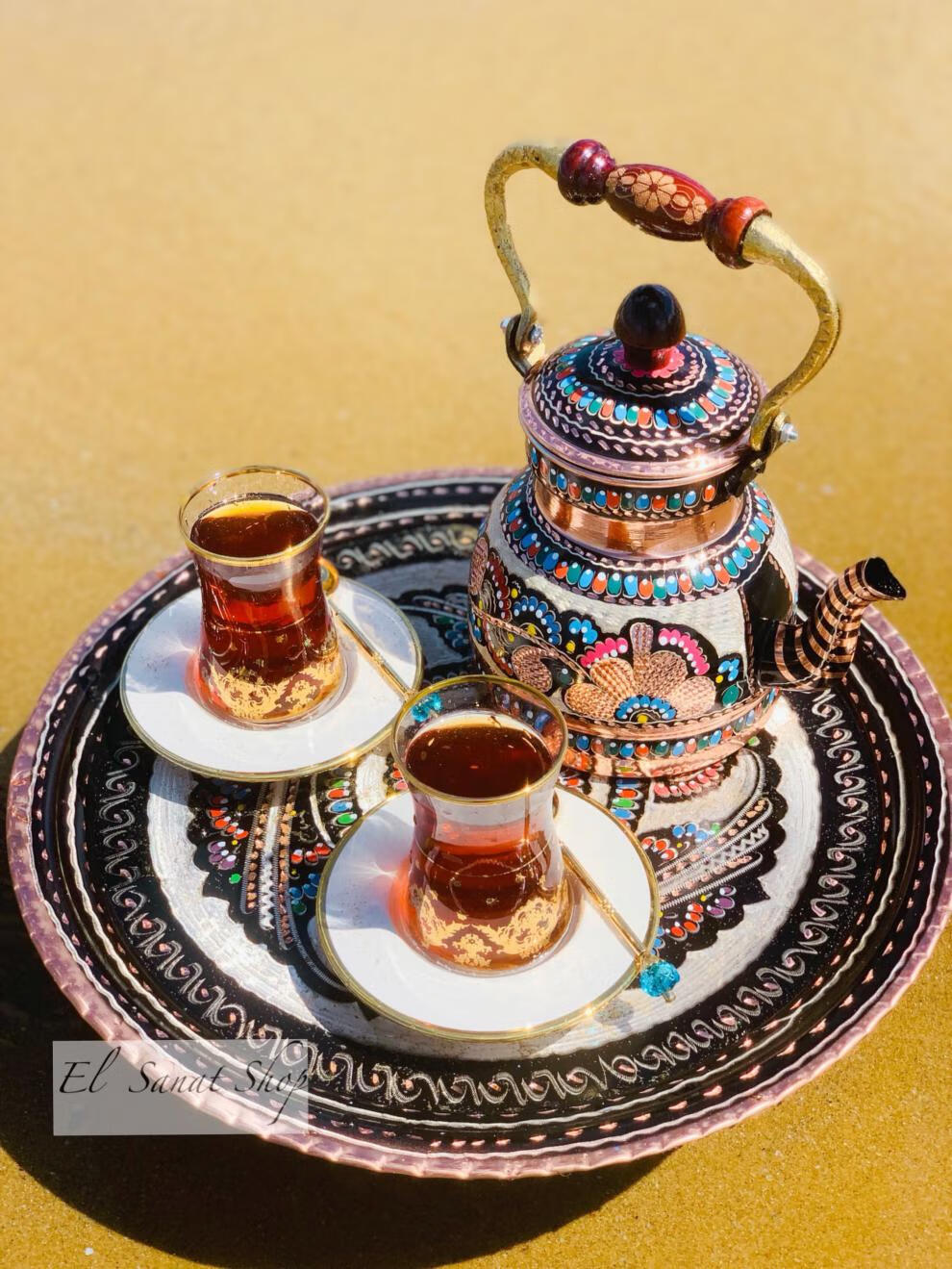土耳其红茶壶土耳其红茶壶手工打造厚铜彩绘雕花子母壶居家创意茶壶