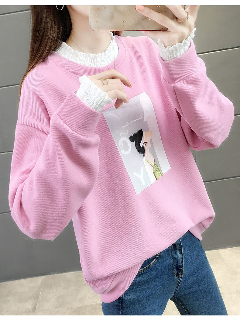 学生女生少女生初中生高中生时尚加绒卫衣女秋冬新款韩版宽松蕾丝拼接