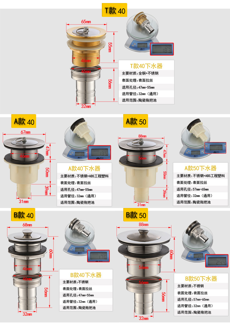 不锈钢拖把池洗衣池瓷盆菜盆下水器套装配件水池下水器下水管加长 b50