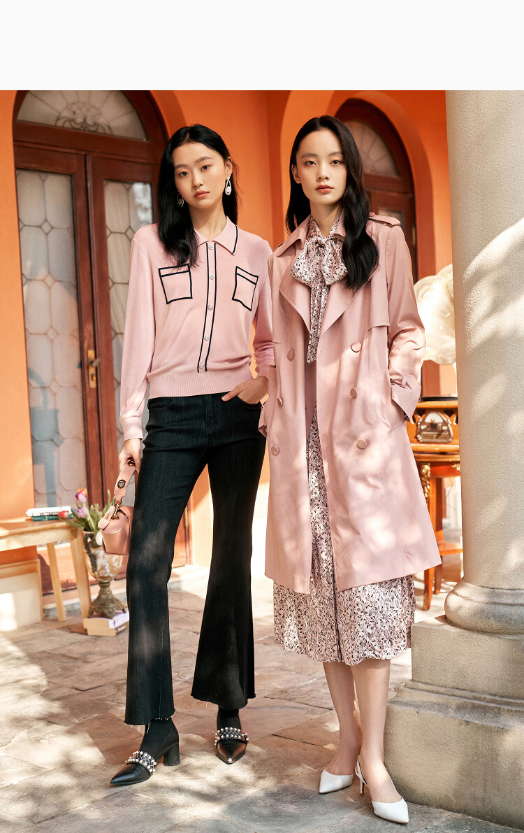 yiner音儿专柜女装2022春季新款时尚双排扣西装领风衣 粉色 40【图片