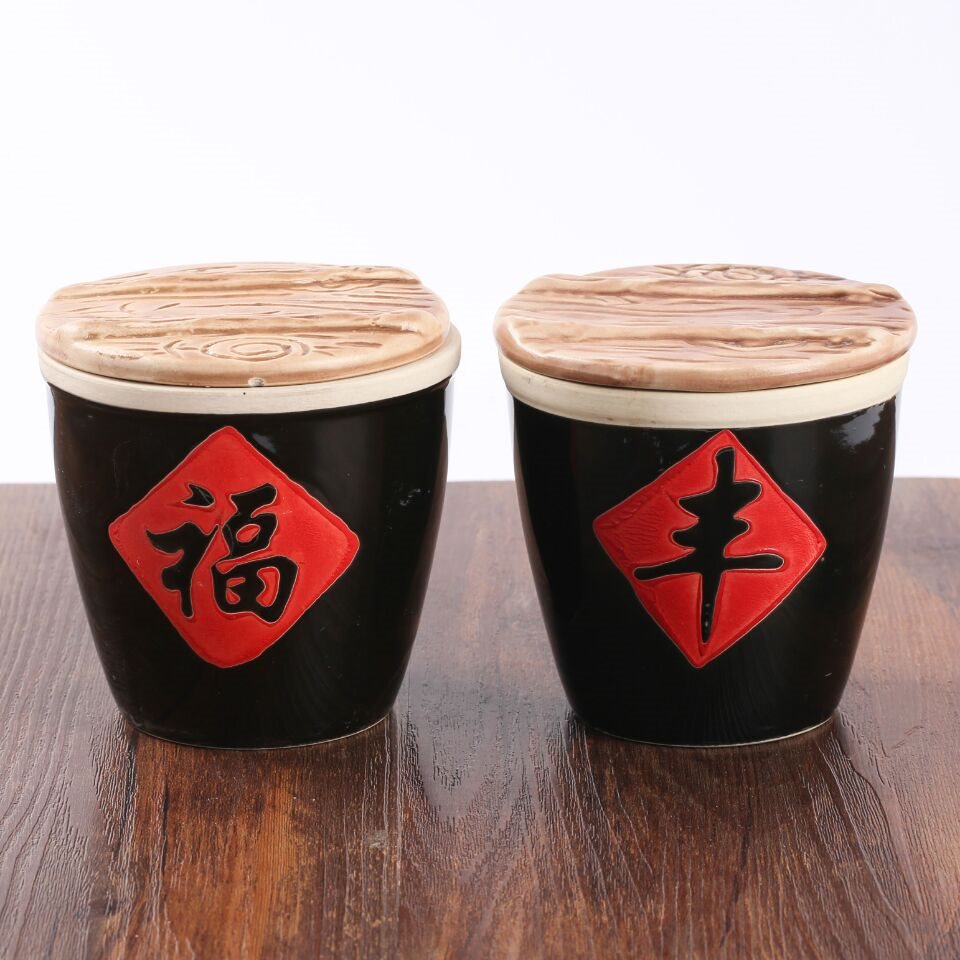 水缸烧烤调料罐辣椒缸调料盒小水杯带盖菜缸 小号福字缸[带陶瓷盖子】