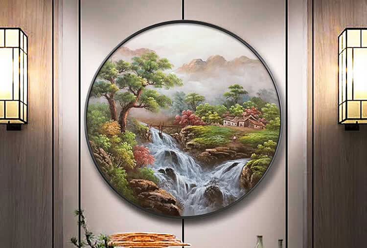 皓涛迎客松圆形风景手绘油画新中式客厅玄关书房装饰画办公室挂画a款