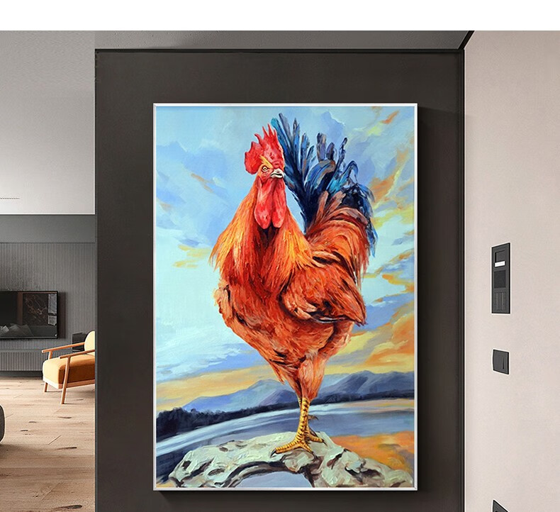 旭泽纯手绘油画定制生肖大公鸡油画金鸡报晓现代客厅装饰画动物入户