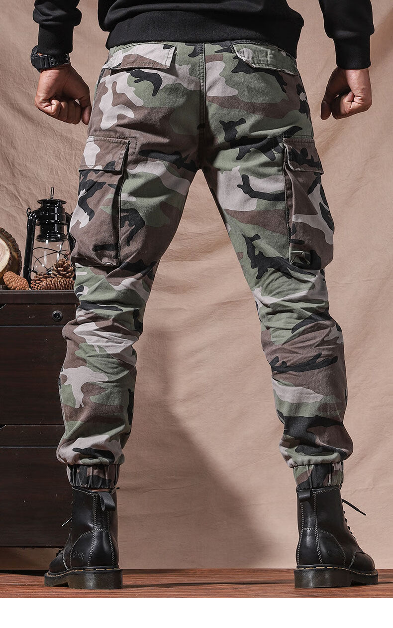 季言新款迷彩工装裤男夏季潮牌 束脚裤多口袋耐磨美军战术裤潮流 绿