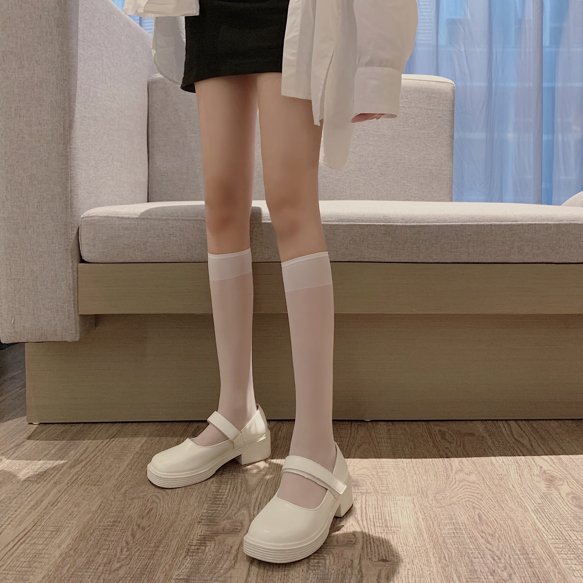 中筒袜白色小腿袜ins潮春夏季薄款日系显瘦透明包芯丝jk袜女 黑 均码