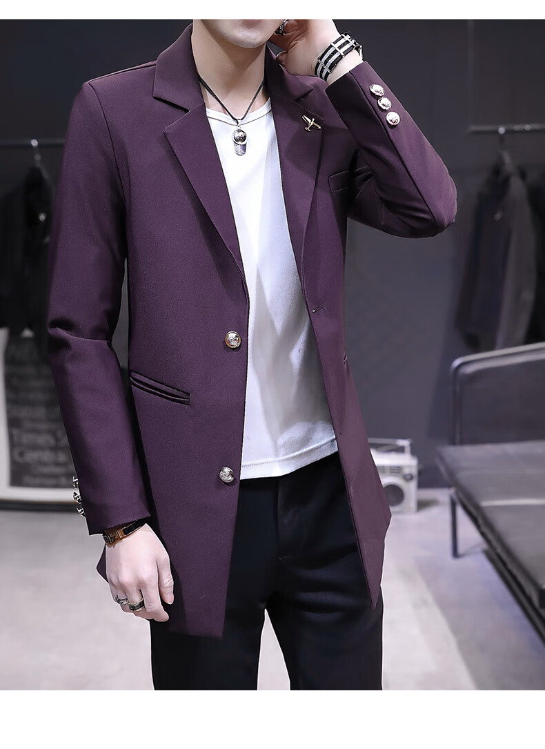 纯黑色休闲西装男士韩版休闲中长款式西服修身帅气上衣潮 8206-黑色