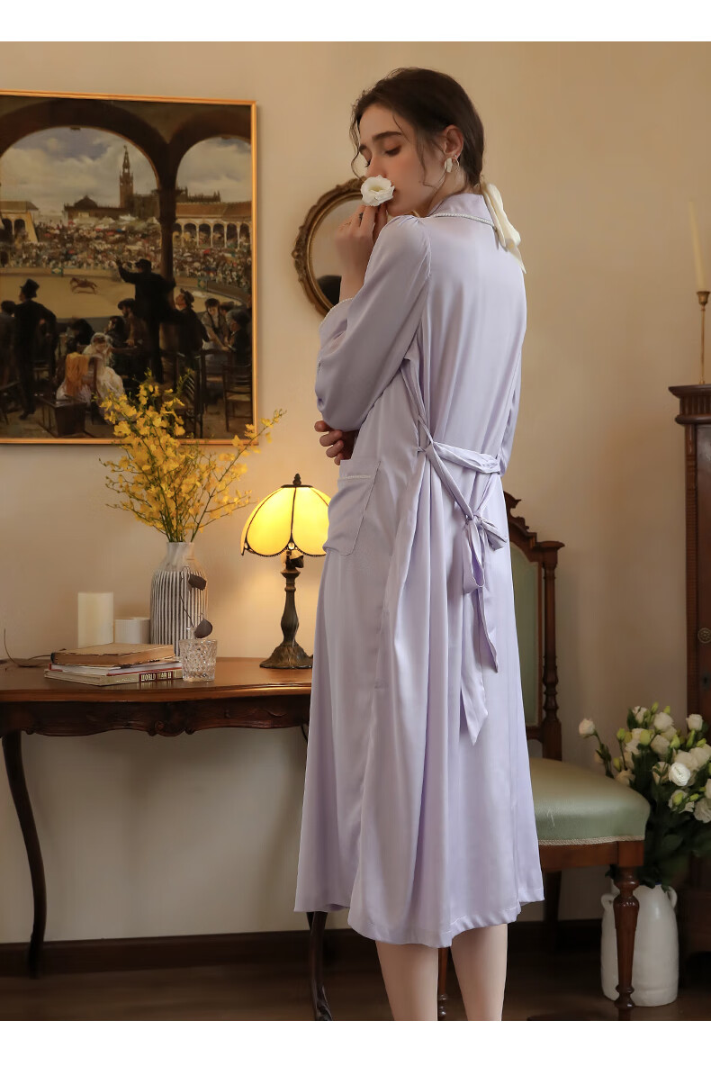 长袖睡裙女春秋薄款丝绸翻领钉珠复古轻奢睡袍中长款秋冬冰丝睡衣紫色