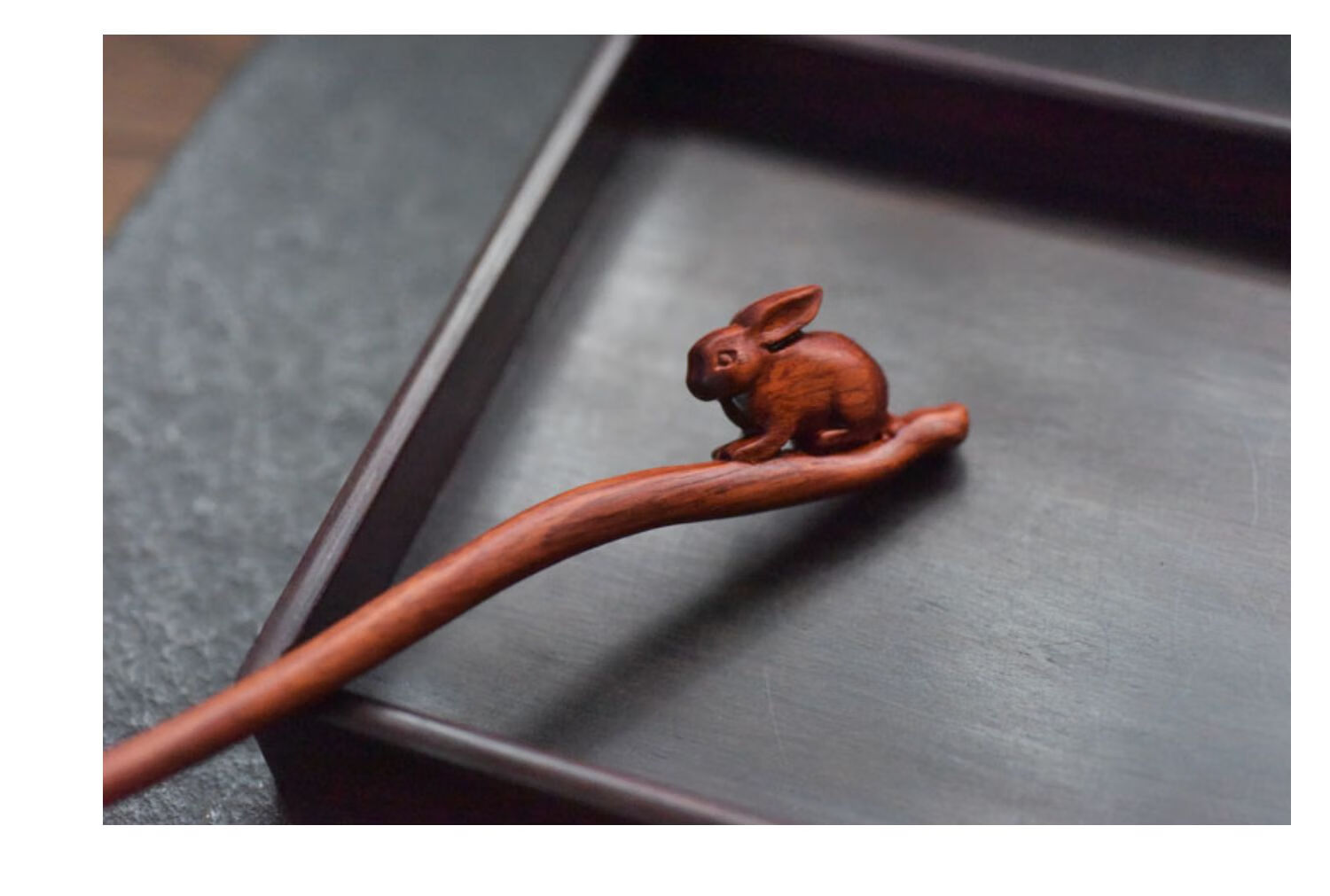 绿檀木发簪发饰簪子头饰卡通小兔子可爱简约日常盘发刻字木质黑檀木款