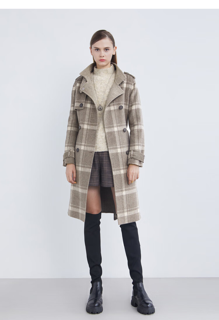 sdeer圣迪奥2021冬季新款立领格纹双排扣收腰长款呢大衣女装绵羊毛s2