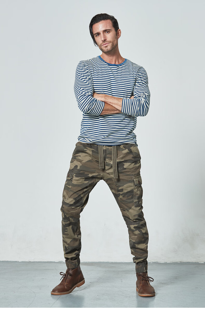 美式风格2020年新款迷彩裤长裤小脚青年欧美小脚多袋工装裤男 黑迷彩