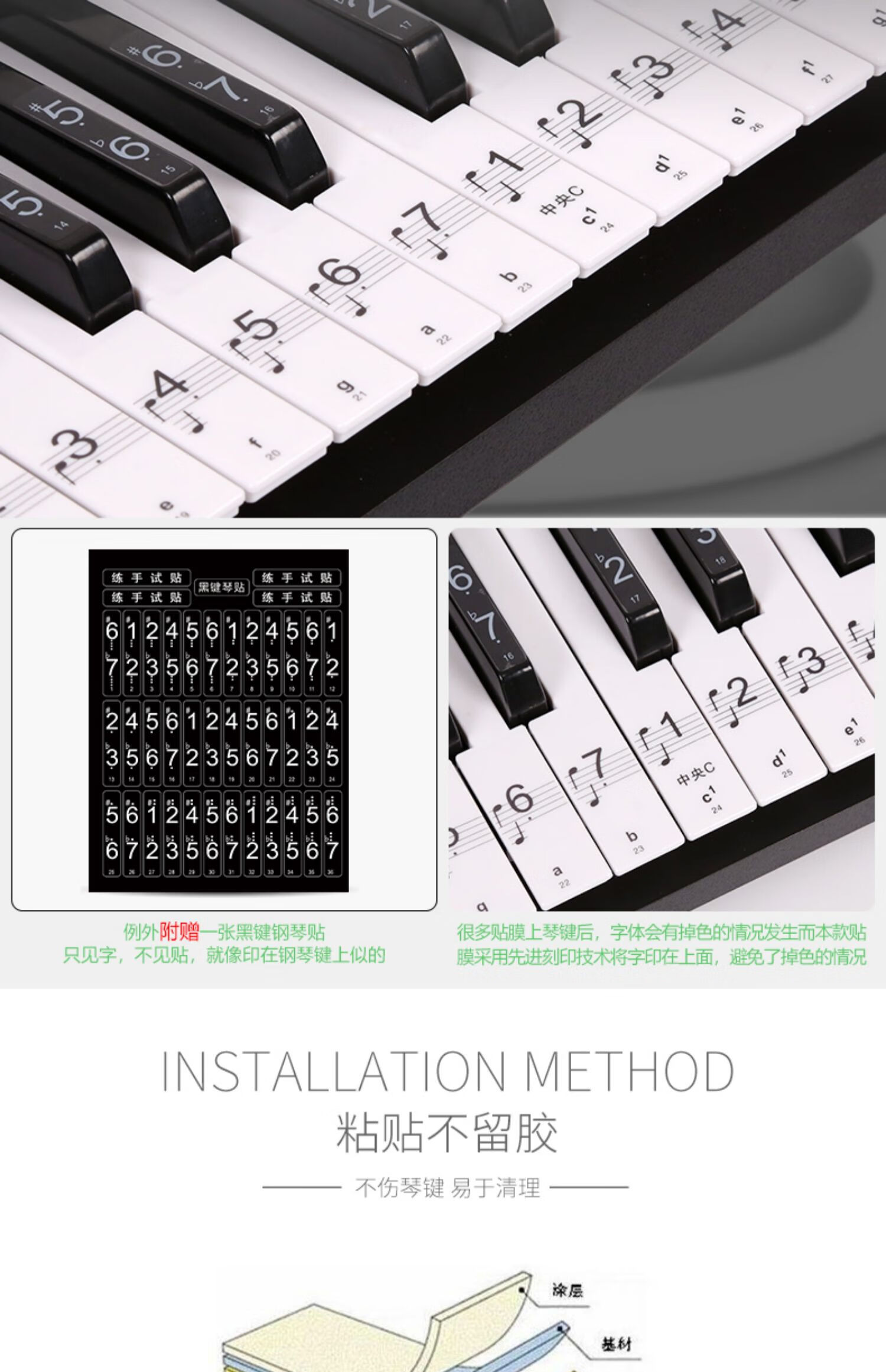 钢琴贴纸88键透明6154电子琴按键盘音标贴音符五线简谱免粘初学885461