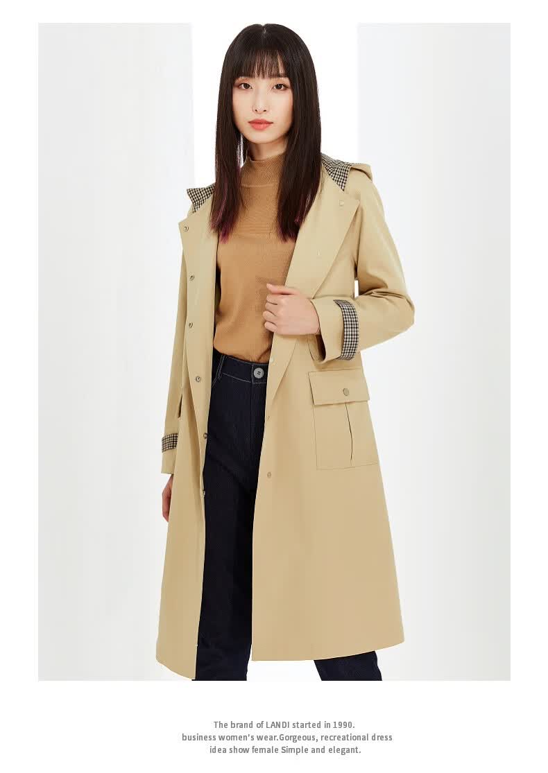 蓝地2020秋季新款连帽中长款小个子驼色高端大气显瘦风衣外套女bluqf