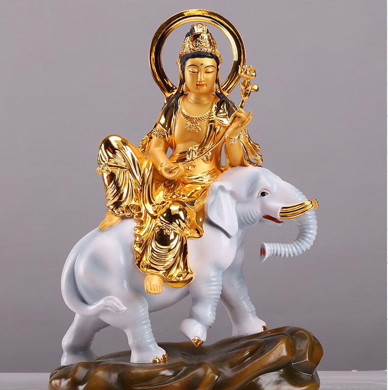 三漫陀普贤菩萨华严三圣佛像纯铜高纳米金42cm居家供奉文殊普贤像