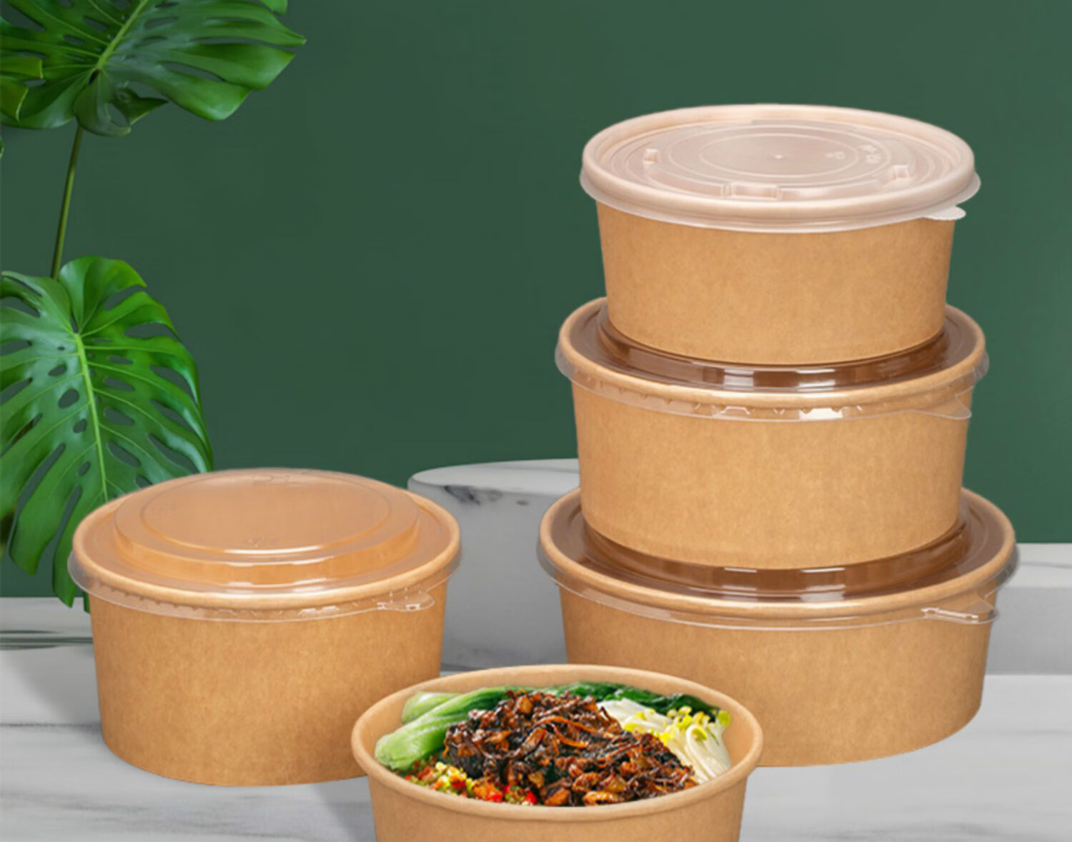 一次性牛皮纸碗打包盒圆形沙拉碗外卖餐盒卤肉饭带盖加厚纸质饭盒 双