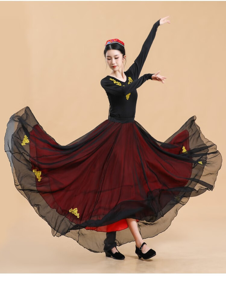 新疆舞蹈裙大摆裙练功裙练习半身裙演出服民族舞蹈演出服装女维族 大