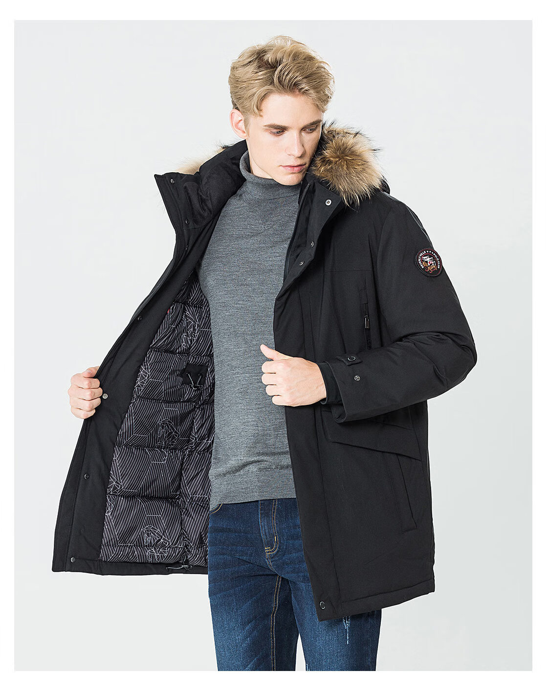 比华利保罗秋冬新品加厚男士羽绒服毛领连帽厚外套 黑色 48