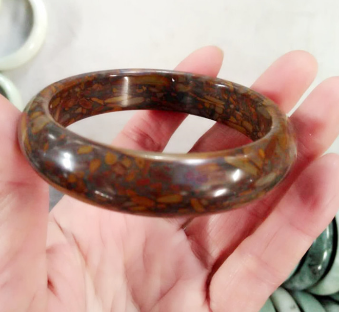 女娲石手镯 精美五彩竹叶青女娲石手镯sn3268 内经58mm-60mm