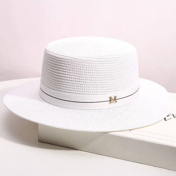 啄木鸟 法国夏季平顶优雅白色草帽女海边度假遮阳帽简约百搭休闲礼帽