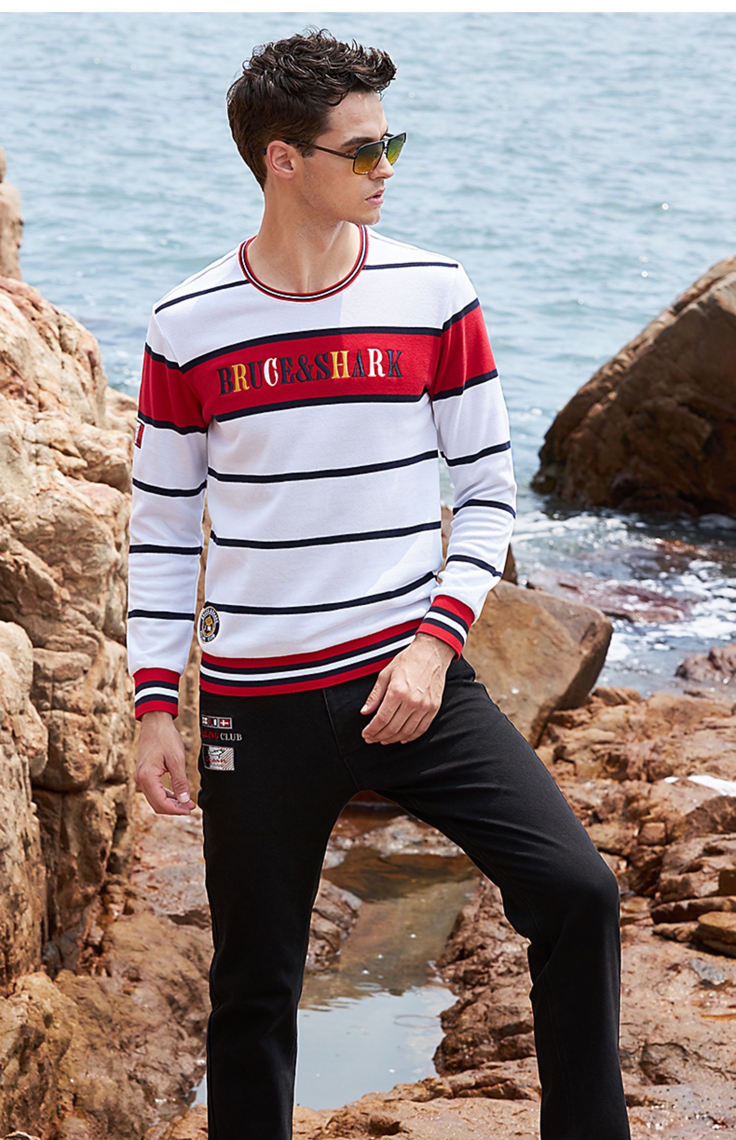 男装 t恤 湘幕雪 意大利鲨鱼2020秋季新款男士长袖t恤潮牌男宽松大码