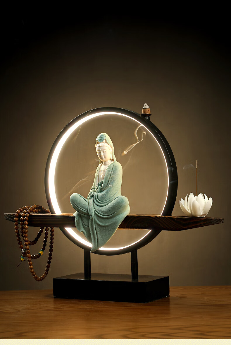 东方泥土陶瓷禅意小观音菩萨佛像摆件新中式客厅装饰工艺品灯圈kd5