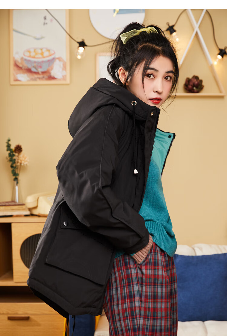 快鱼冬季女装厚款外套2020学生工装风连帽长袖保暖棉服女10u5006 粉