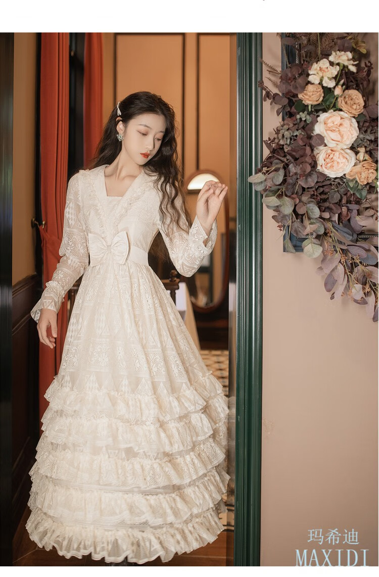 玛希迪连衣裙秋冬装新款甜美仙气公主裙复古蕾丝拼接蝴蝶结蛋糕裙学生